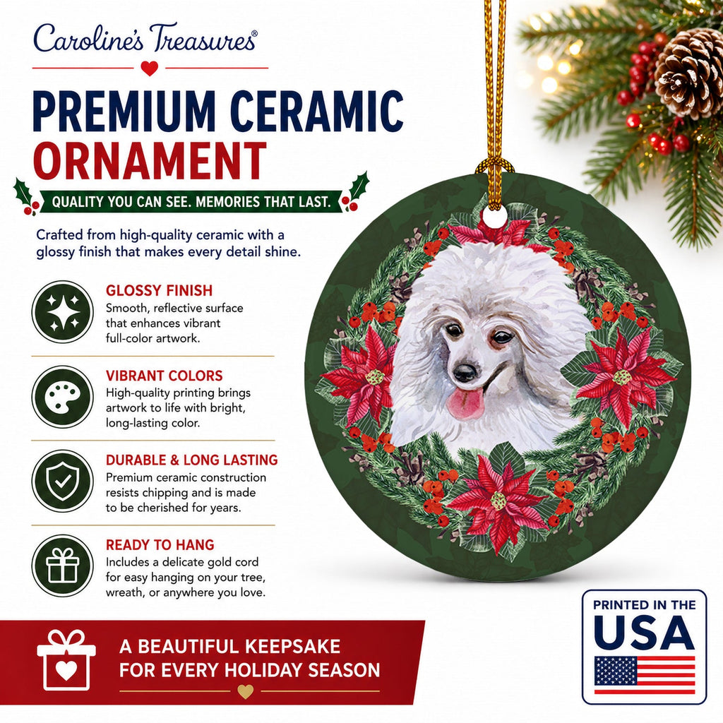 Medium White Poodle Poinsetta Wreath Ceramic Ornament Christmas Tree Hanging Decorations for Home Christmas Holiday, Party, Gift, 3 in, Multicolor