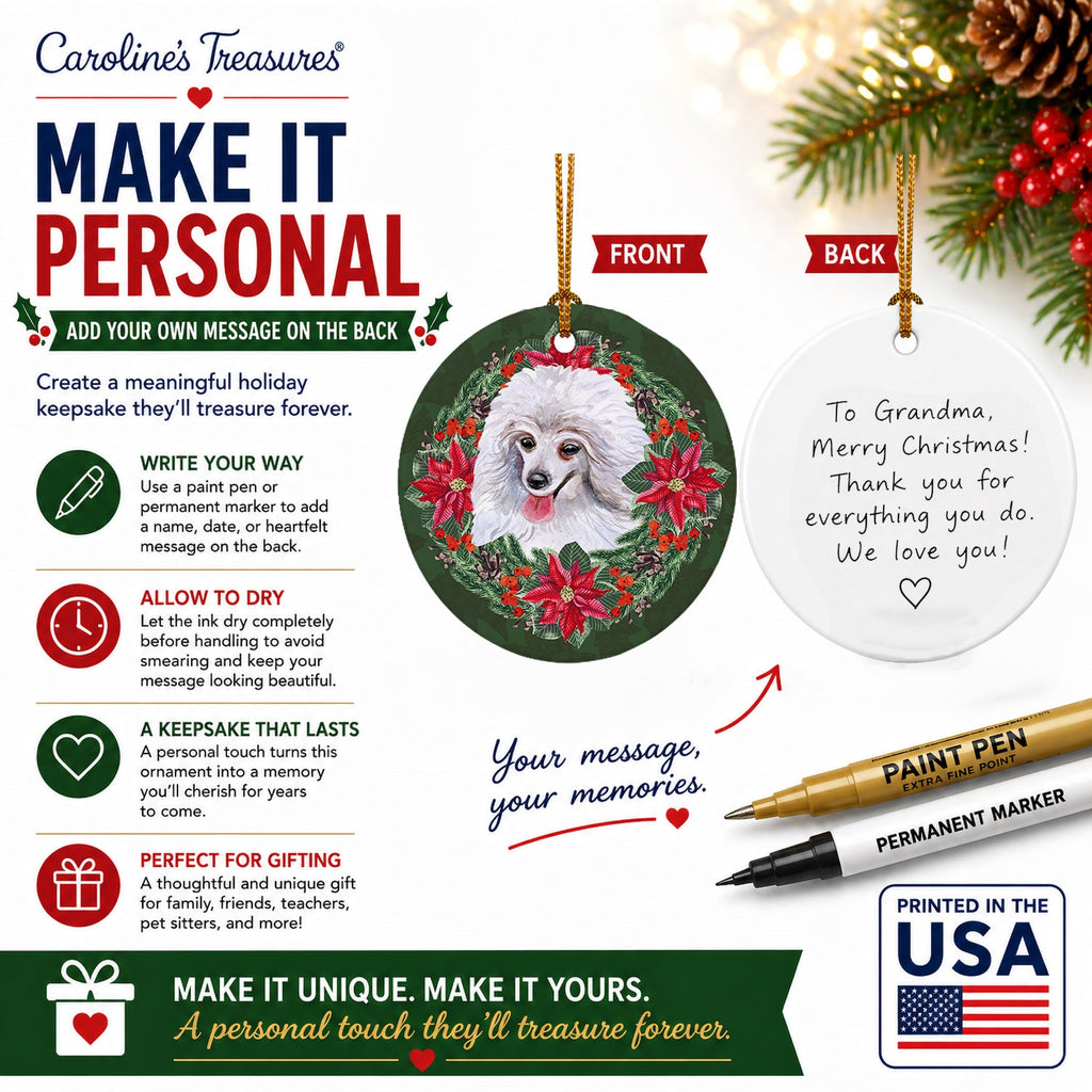 Medium White Poodle Poinsetta Wreath Ceramic Ornament Christmas Tree Hanging Decorations for Home Christmas Holiday, Party, Gift, 3 in, Multicolor