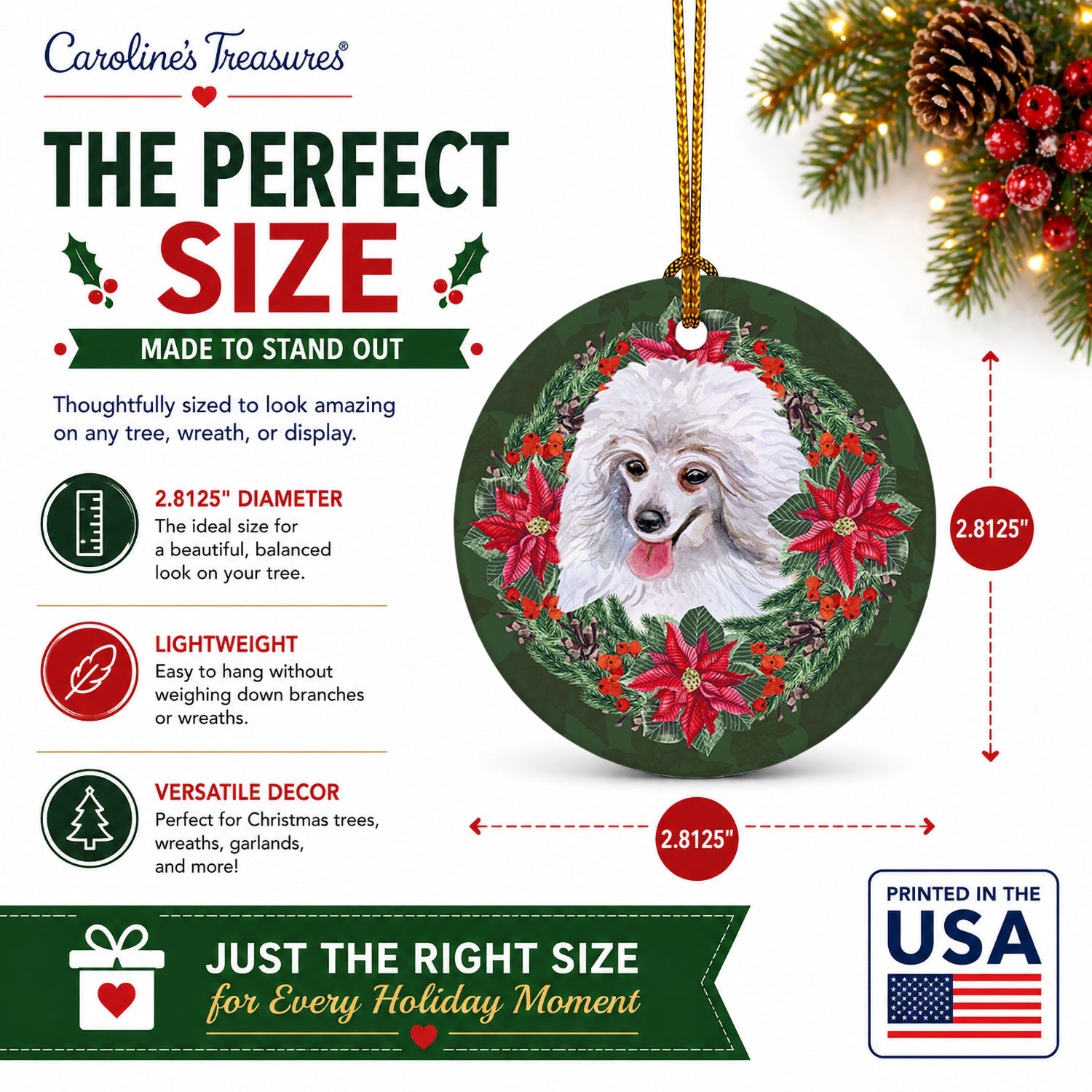 Medium White Poodle Poinsetta Wreath Ceramic Ornament Christmas Tree Hanging Decorations for Home Christmas Holiday, Party, Gift, 3 in, Multicolor