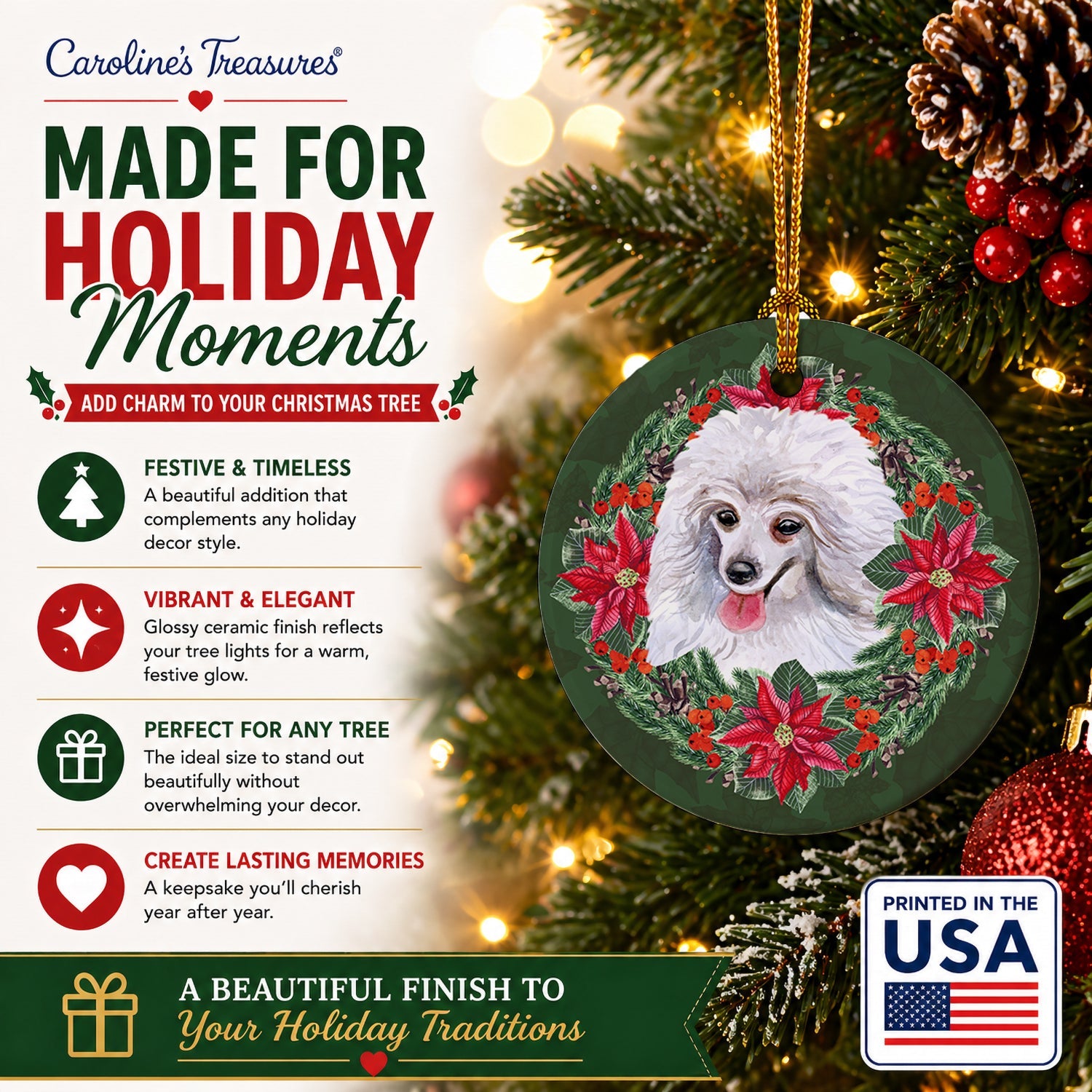 Medium White Poodle Poinsetta Wreath Ceramic Ornament Christmas Tree Hanging Decorations for Home Christmas Holiday, Party, Gift, 3 in, Multicolor