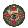 French Bulldog Poinsetta Wreath Ceramic Ornament Christmas Tree Hanging Decorations for Home Christmas Holiday, Party, Gift, 3 in, Multicolor