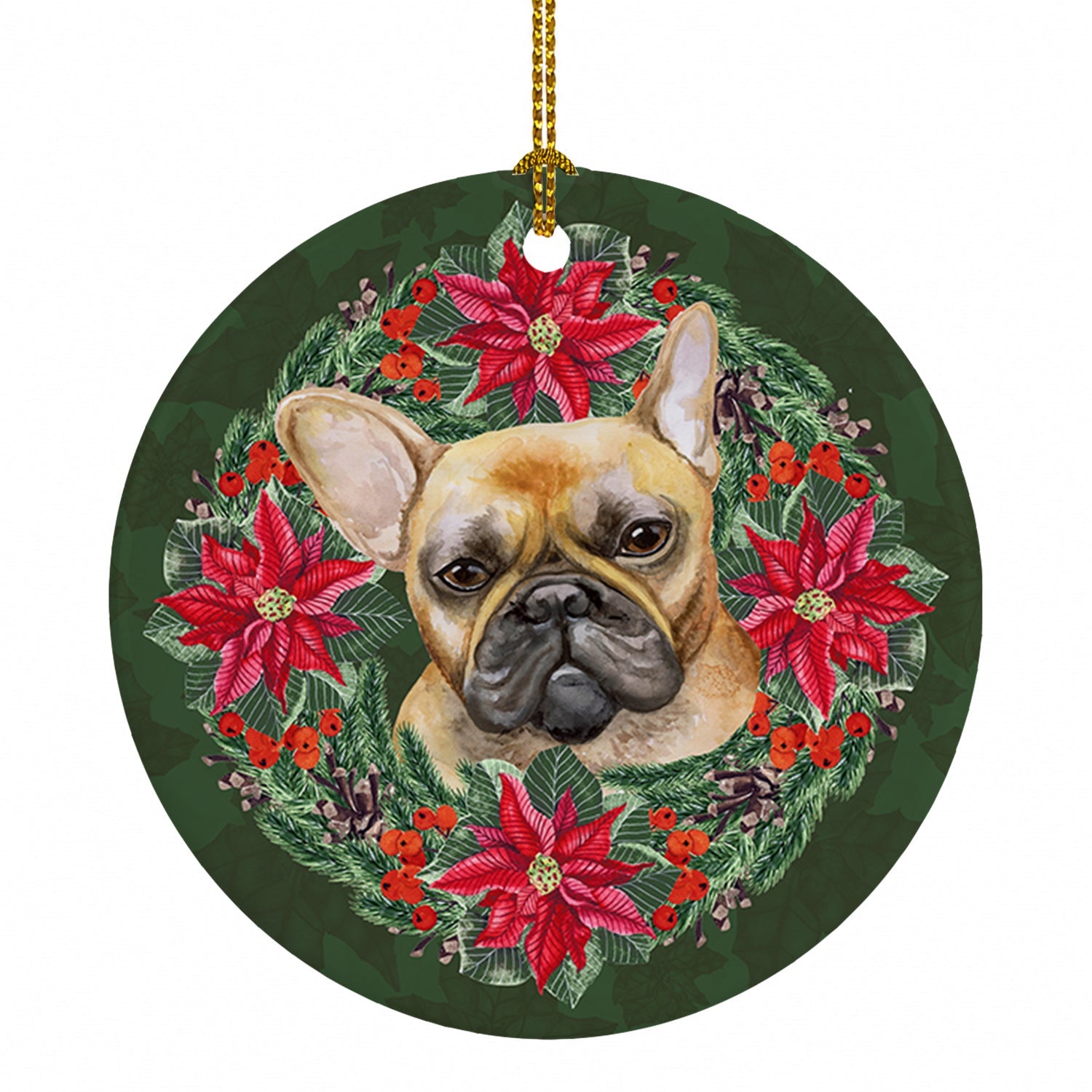 French Bulldog Poinsetta Wreath Ceramic Ornament Christmas Tree Hanging Decorations for Home Christmas Holiday, Party, Gift, 3 in, Multicolor