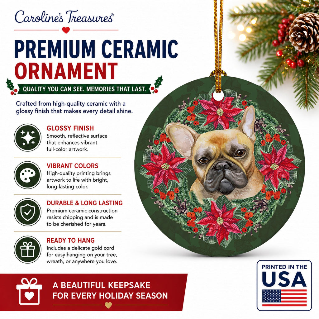 French Bulldog Poinsetta Wreath Ceramic Ornament Christmas Tree Hanging Decorations for Home Christmas Holiday, Party, Gift, 3 in, Multicolor