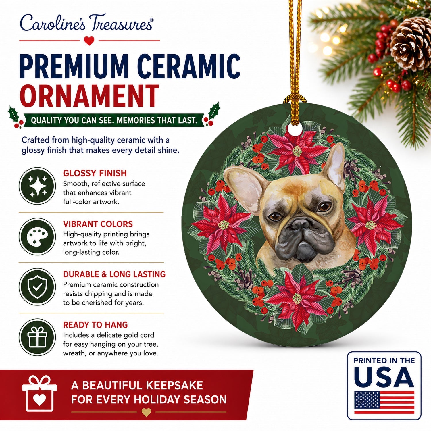 French Bulldog Poinsetta Wreath Ceramic Ornament Christmas Tree Hanging Decorations for Home Christmas Holiday, Party, Gift, 3 in, Multicolor