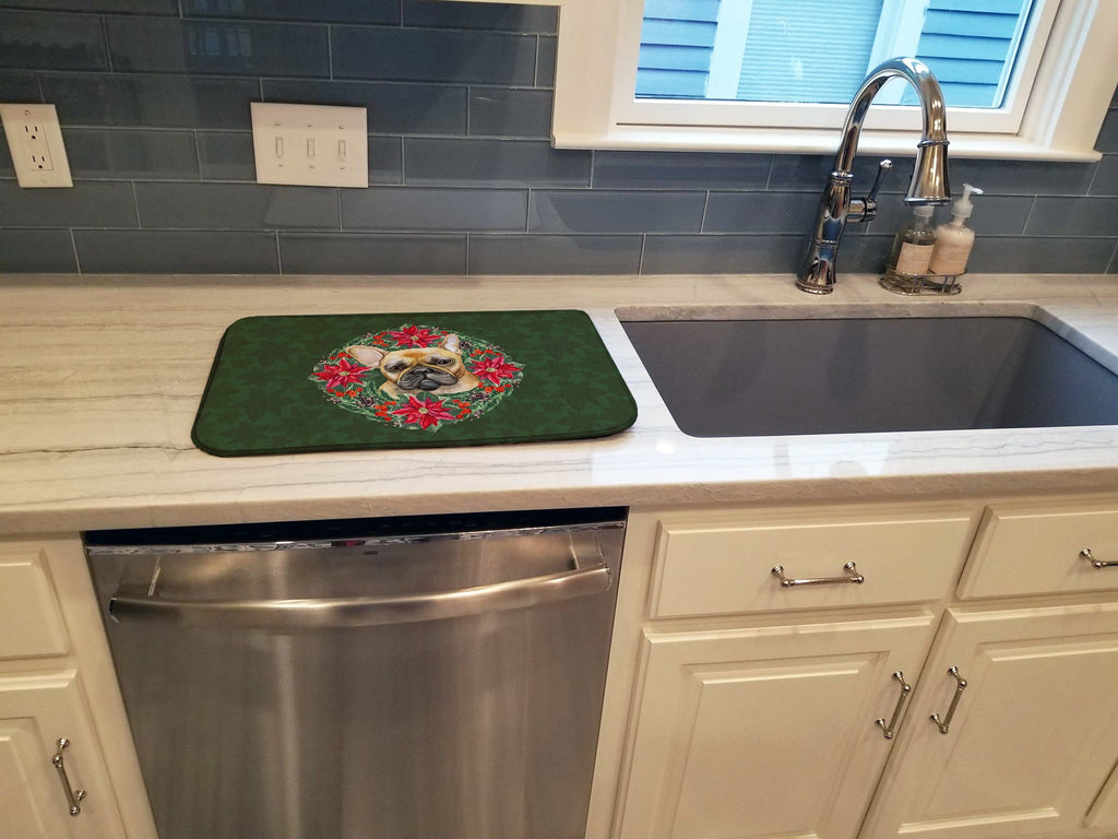 French Bulldog Poinsetta Wreath Dish Drying Mat Absorbent Dish Drying Mat Pad for Kitchen Counter Dish Drainer Mat for Countertop, 14 x 21", Multicolor