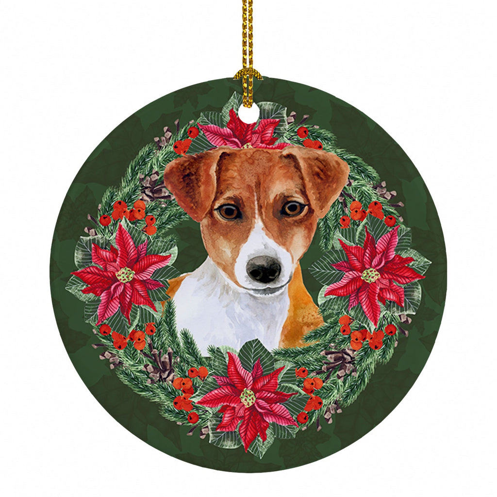 Jack Russell Terrier Poinsetta Wreath Ceramic Ornament Christmas Tree Hanging Decorations for Home Christmas Holiday, Party, Gift, 3 in, Multicolor