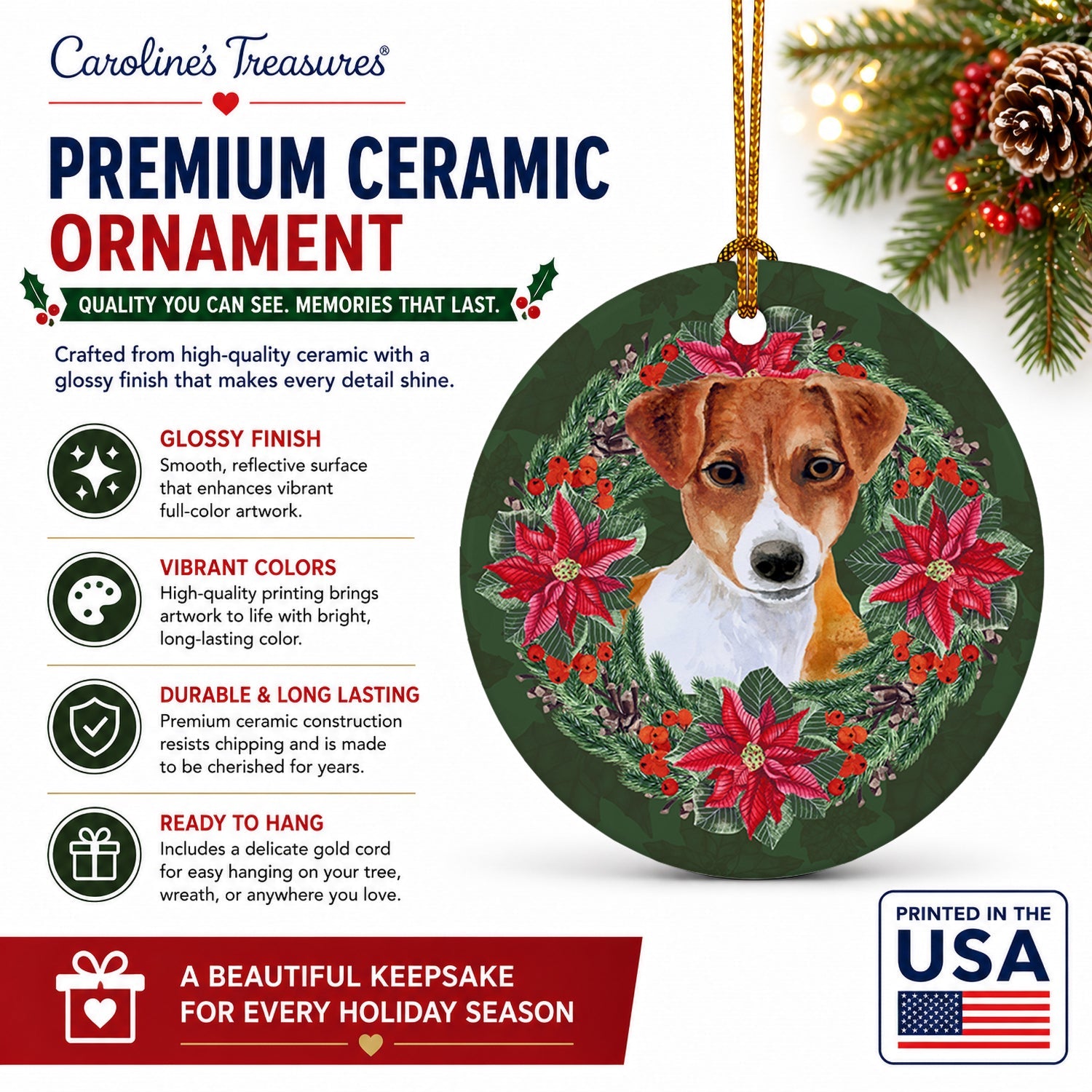 Jack Russell Terrier Poinsetta Wreath Ceramic Ornament Christmas Tree Hanging Decorations for Home Christmas Holiday, Party, Gift, 3 in, Multicolor