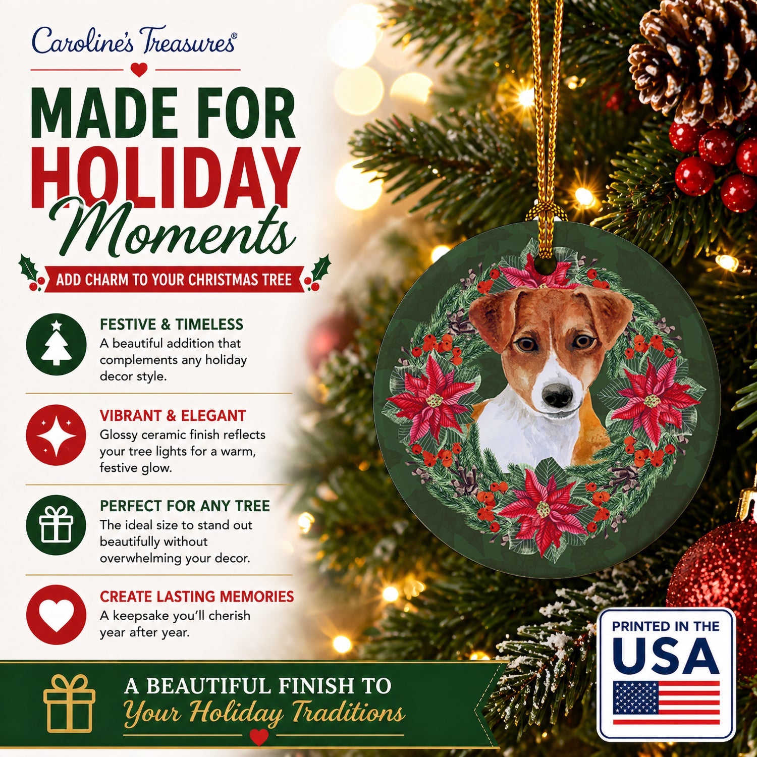Jack Russell Terrier Poinsetta Wreath Ceramic Ornament Christmas Tree Hanging Decorations for Home Christmas Holiday, Party, Gift, 3 in, Multicolor