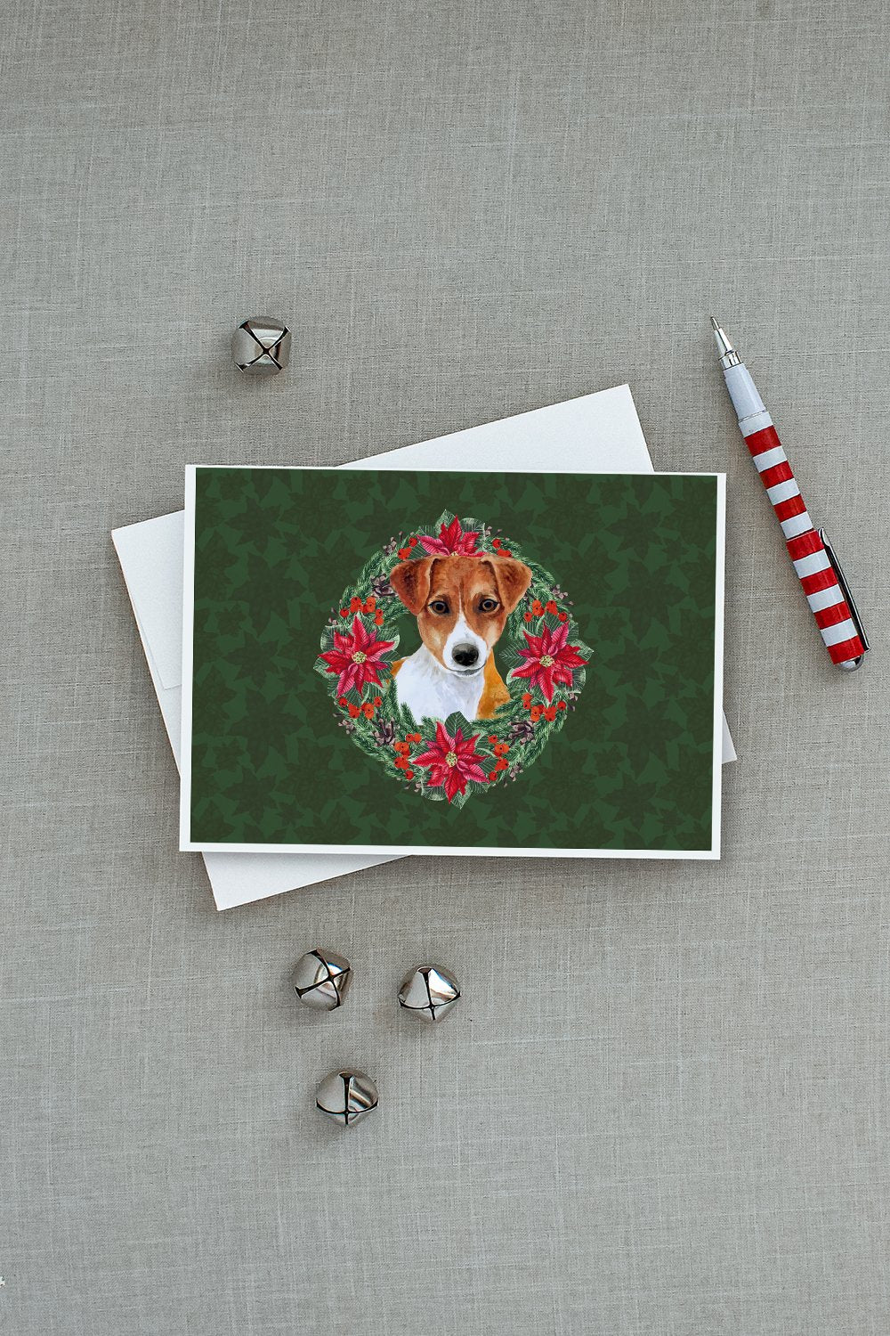 Jack Russell Terrier Poinsetta Wreath Greeting Cards Pack of 8 Blank Cards with Envelopes Whimsical A7 Size 5x7
