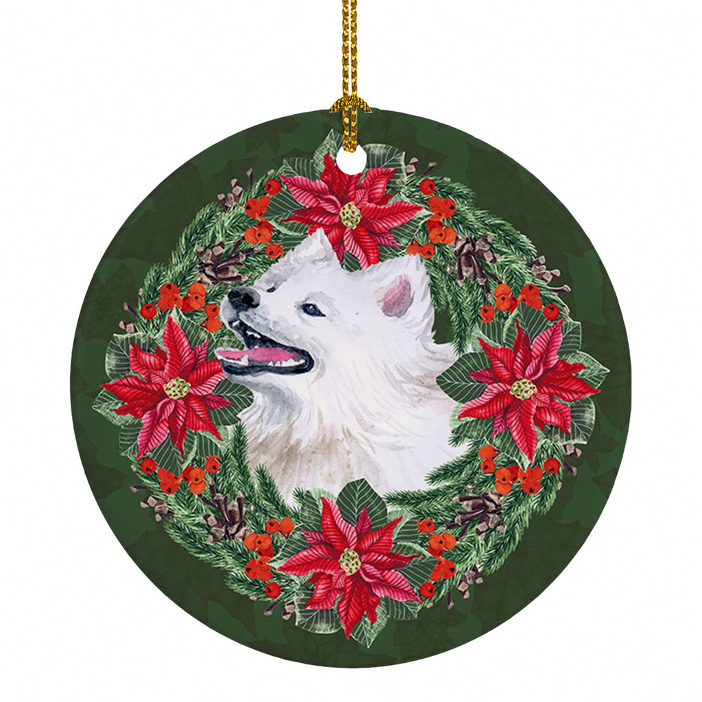 Samoyed Poinsetta Wreath Ceramic Ornament Christmas Tree Hanging Decorations for Home Christmas Holiday, Party, Gift, 3 in, Multicolor