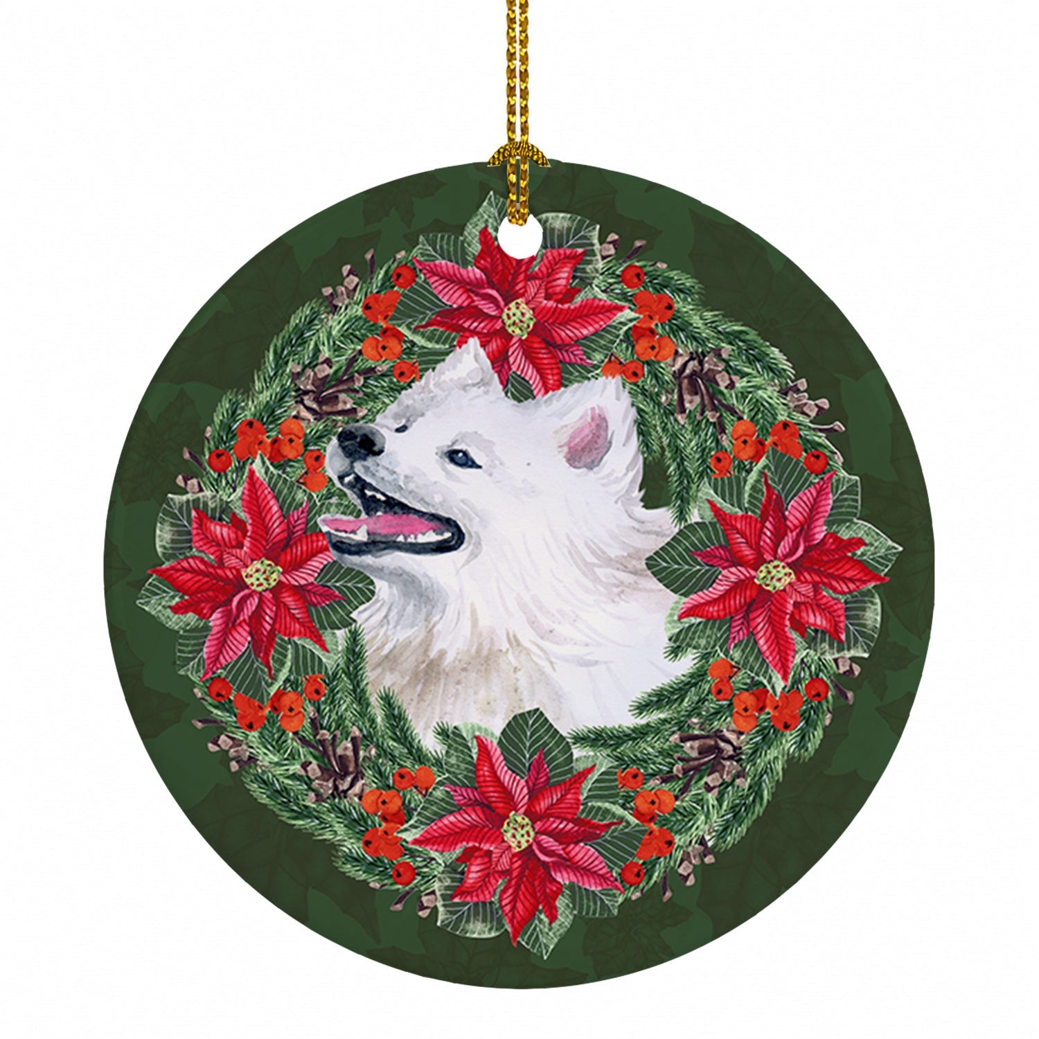 Samoyed Poinsetta Wreath Ceramic Ornament Christmas Tree Hanging Decorations for Home Christmas Holiday, Party, Gift, 3 in, Multicolor