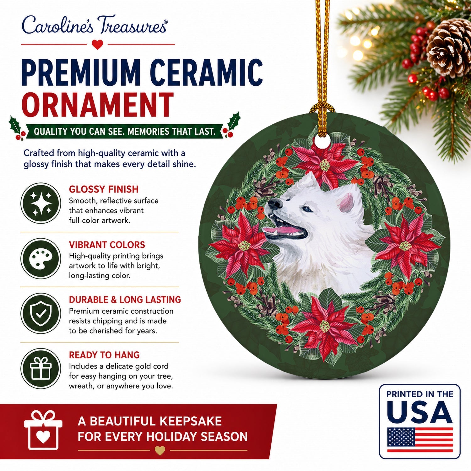 Samoyed Poinsetta Wreath Ceramic Ornament Christmas Tree Hanging Decorations for Home Christmas Holiday, Party, Gift, 3 in, Multicolor