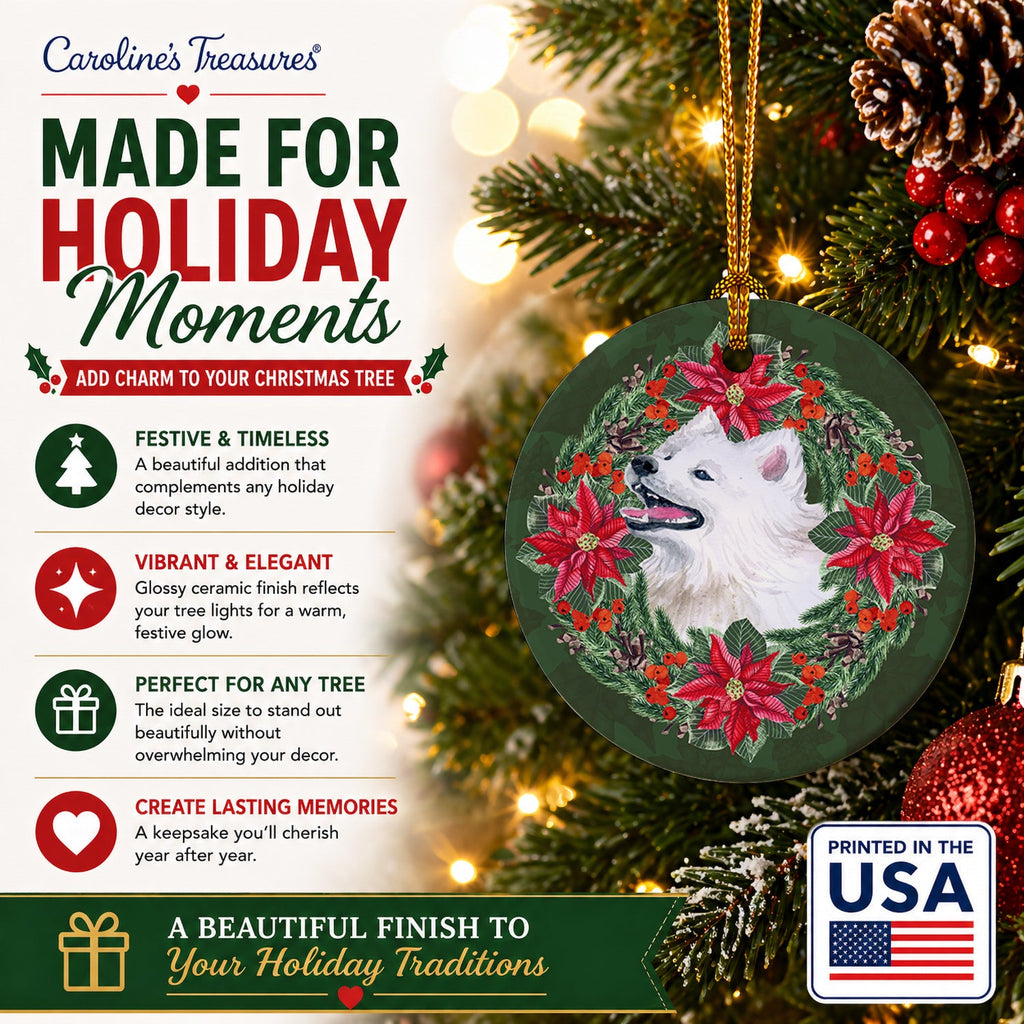 Samoyed Poinsetta Wreath Ceramic Ornament Christmas Tree Hanging Decorations for Home Christmas Holiday, Party, Gift, 3 in, Multicolor