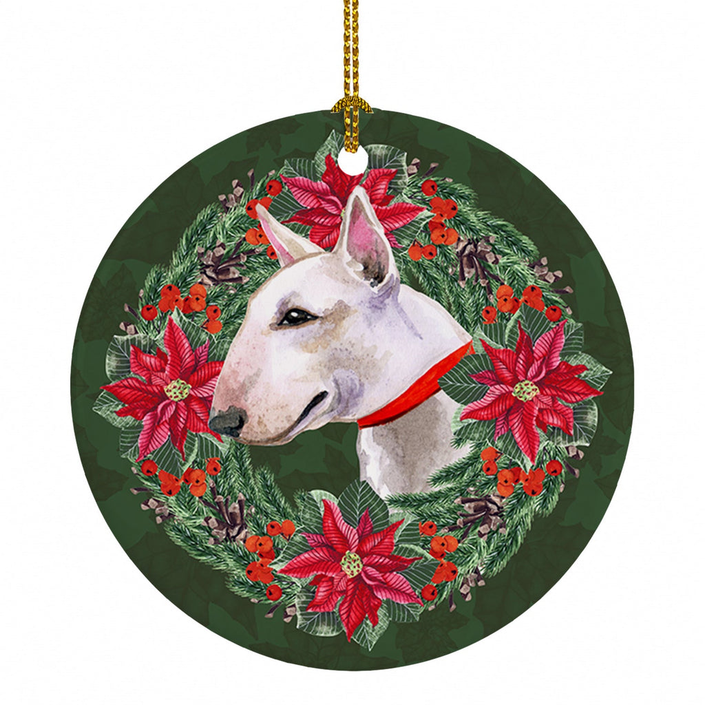 Bull Terrier Poinsetta Wreath Ceramic Ornament Christmas Tree Hanging Decorations for Home Christmas Holiday, Party, Gift, 3 in, Multicolor