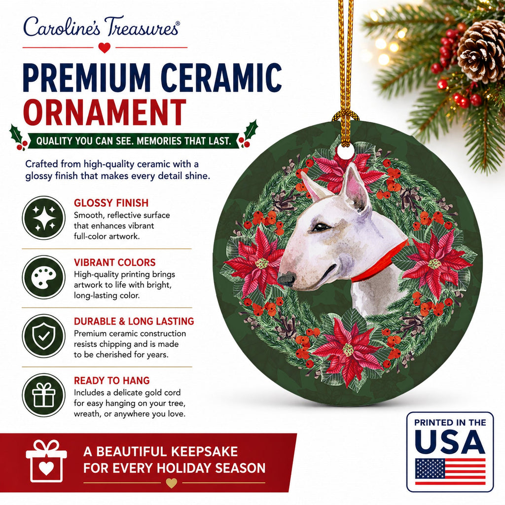 Bull Terrier Poinsetta Wreath Ceramic Ornament Christmas Tree Hanging Decorations for Home Christmas Holiday, Party, Gift, 3 in, Multicolor