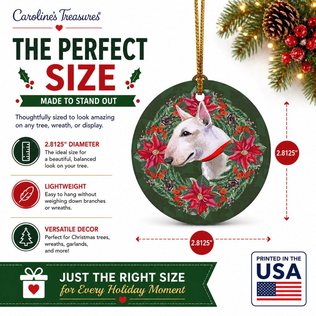 Bull Terrier Poinsetta Wreath Ceramic Ornament Christmas Tree Hanging Decorations for Home Christmas Holiday, Party, Gift, 3 in, Multicolor