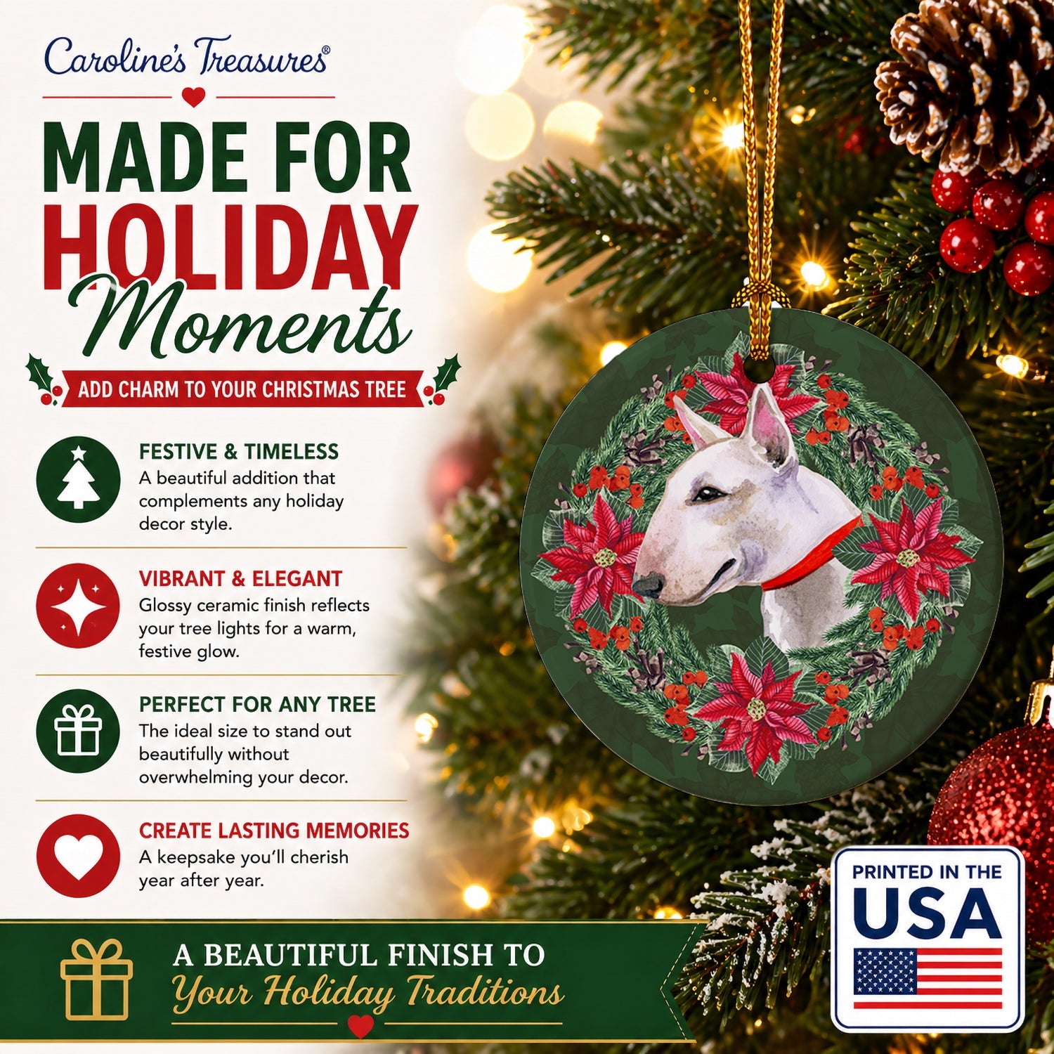 Bull Terrier Poinsetta Wreath Ceramic Ornament Christmas Tree Hanging Decorations for Home Christmas Holiday, Party, Gift, 3 in, Multicolor