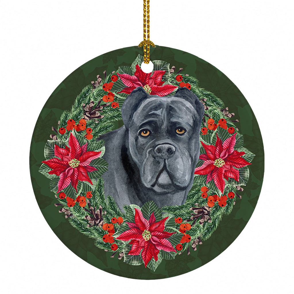 Cane Corso Poinsetta Wreath Ceramic Ornament Christmas Tree Hanging Decorations for Home Christmas Holiday, Party, Gift, 3 in, Multicolor