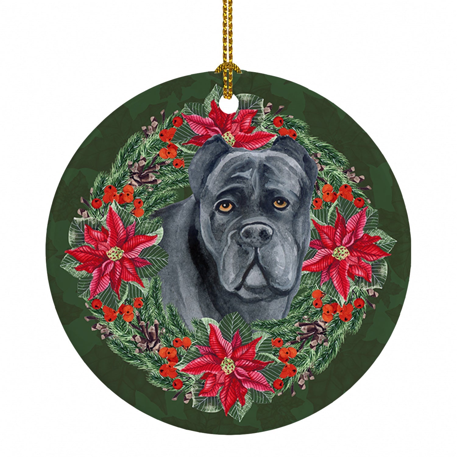 Cane Corso Poinsetta Wreath Ceramic Ornament Christmas Tree Hanging Decorations for Home Christmas Holiday, Party, Gift, 3 in, Multicolor