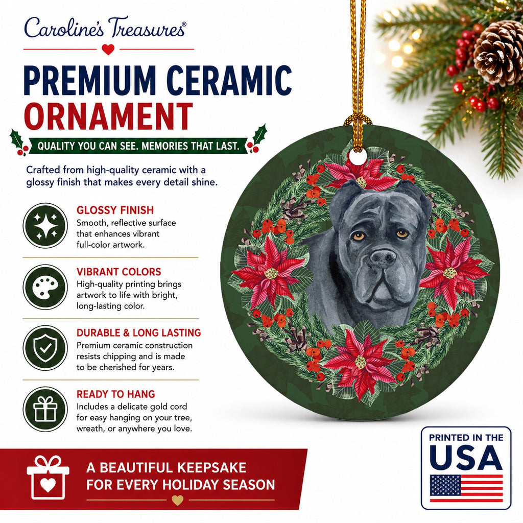 Cane Corso Poinsetta Wreath Ceramic Ornament Christmas Tree Hanging Decorations for Home Christmas Holiday, Party, Gift, 3 in, Multicolor