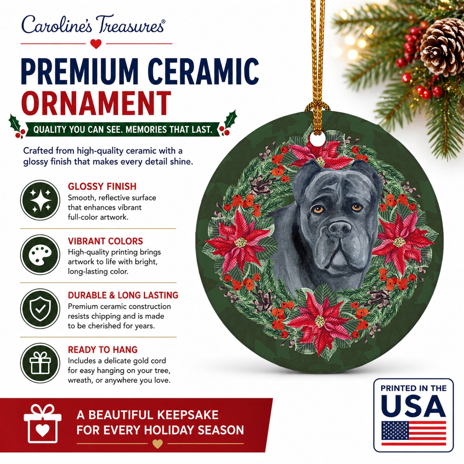Cane Corso Poinsetta Wreath Ceramic Ornament Christmas Tree Hanging Decorations for Home Christmas Holiday, Party, Gift, 3 in, Multicolor