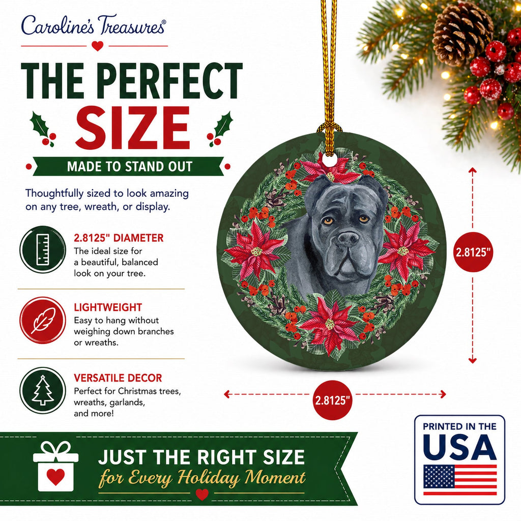 Cane Corso Poinsetta Wreath Ceramic Ornament Christmas Tree Hanging Decorations for Home Christmas Holiday, Party, Gift, 3 in, Multicolor