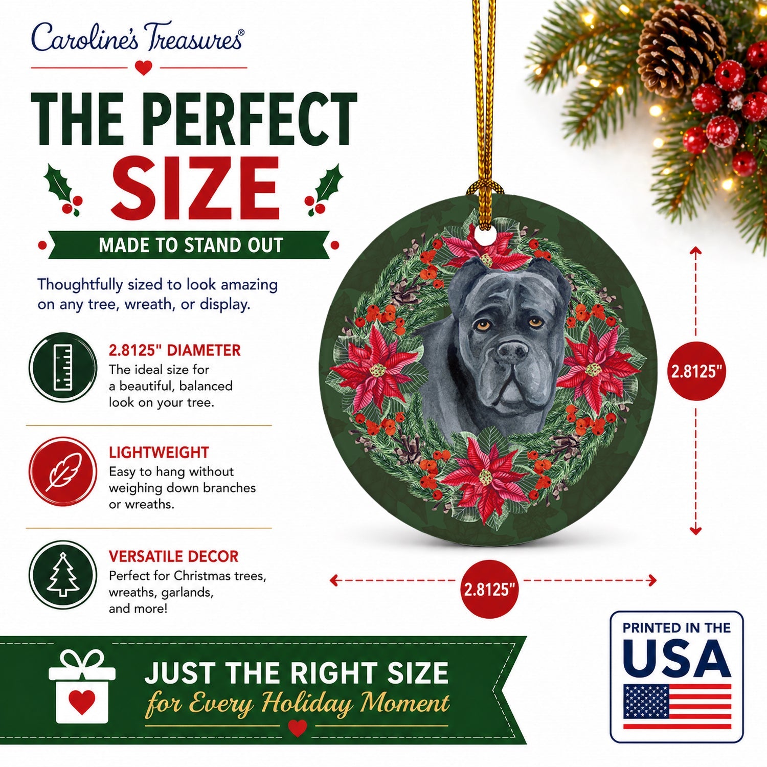 Cane Corso Poinsetta Wreath Ceramic Ornament Christmas Tree Hanging Decorations for Home Christmas Holiday, Party, Gift, 3 in, Multicolor