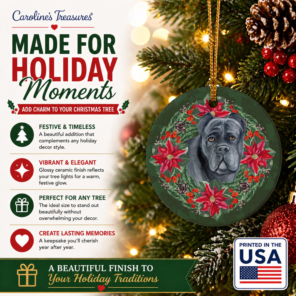 Cane Corso Poinsetta Wreath Ceramic Ornament Christmas Tree Hanging Decorations for Home Christmas Holiday, Party, Gift, 3 in, Multicolor