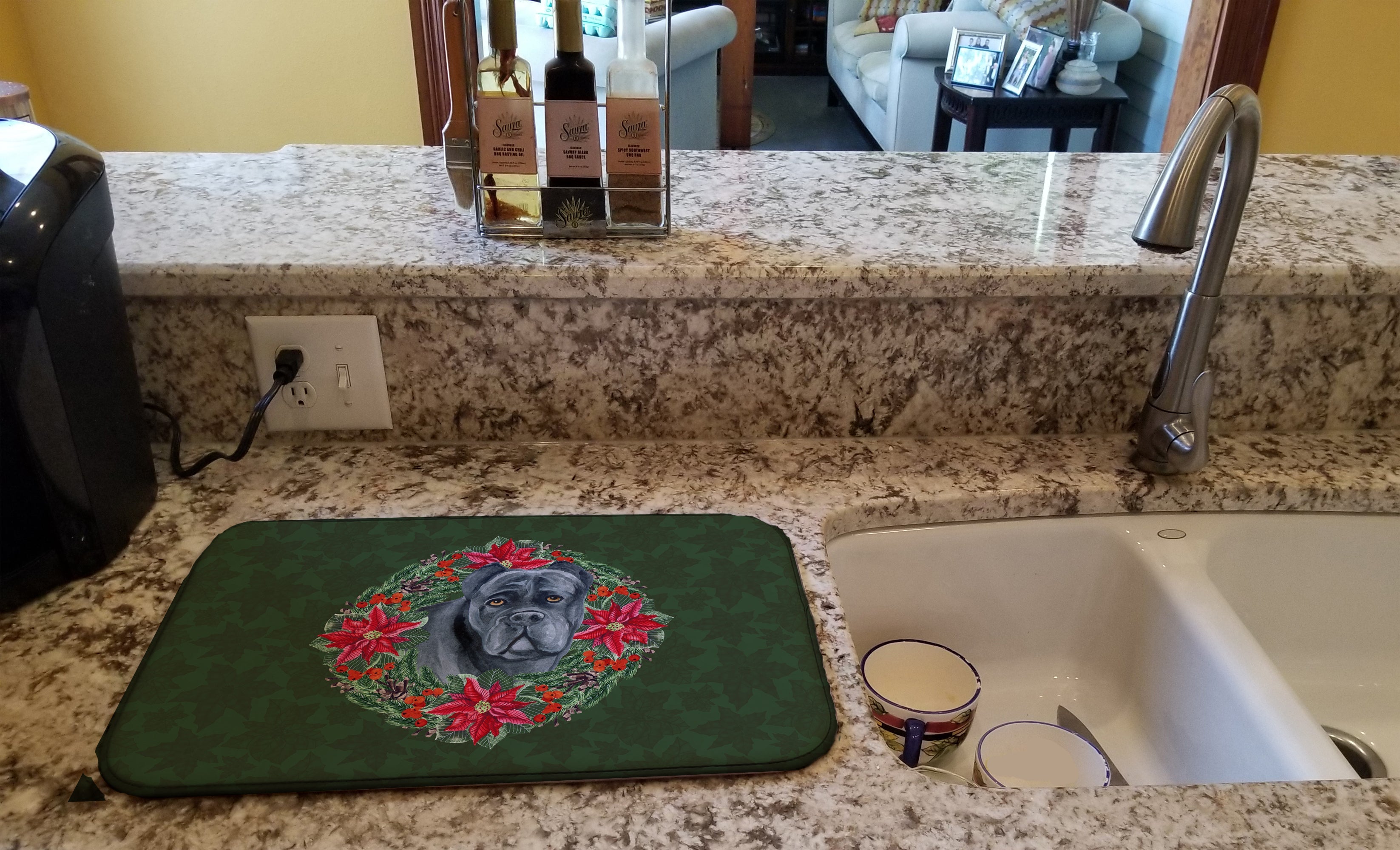Cane Corso Poinsetta Wreath Dish Drying Mat Absorbent Dish Drying Mat Pad for Kitchen Counter Dish Drainer Mat for Countertop, 14 x 21", Multicolor