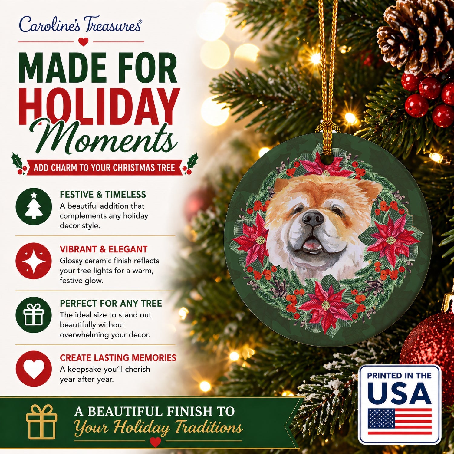 Cane Corso Poinsetta Wreath Ceramic Ornament Christmas Tree Hanging Decorations for Home Christmas Holiday, Party, Gift, 3 in, Multicolor