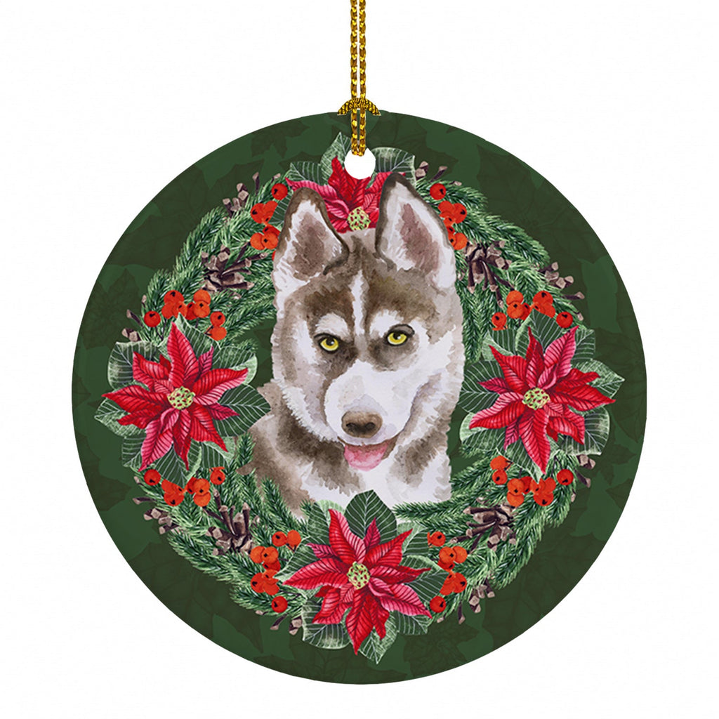 Siberian Husky Grey Poinsetta Wreath Ceramic Ornament Christmas Tree Hanging Decorations for Home Christmas Holiday, Party, Gift, 3 in, Multicolor