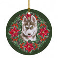 Siberian Husky Grey Poinsetta Wreath Ceramic Ornament Christmas Tree Hanging Decorations for Home Christmas Holiday, Party, Gift, 3 in, Multicolor