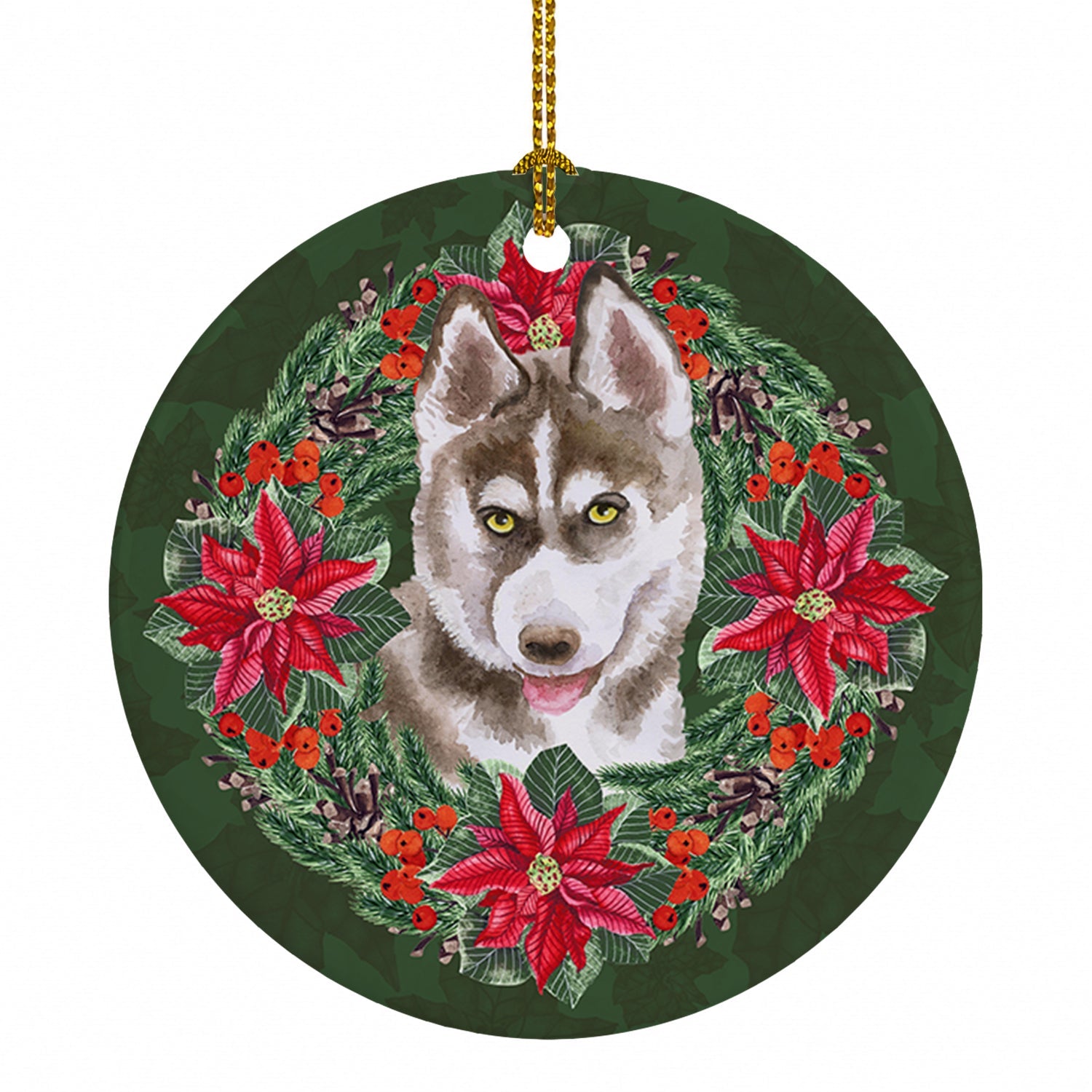 Siberian Husky Grey Poinsetta Wreath Ceramic Ornament Christmas Tree Hanging Decorations for Home Christmas Holiday, Party, Gift, 3 in, Multicolor