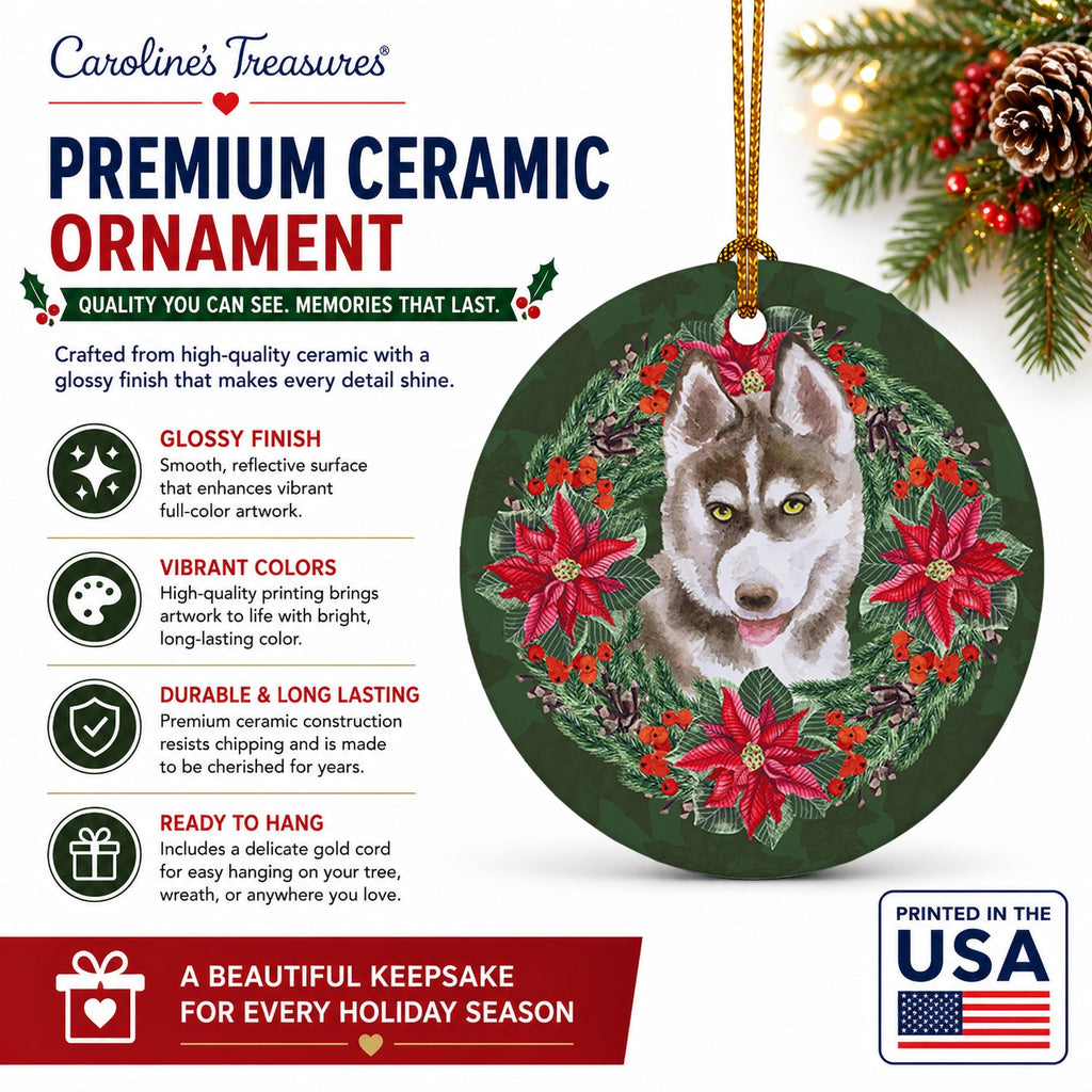 Siberian Husky Grey Poinsetta Wreath Ceramic Ornament Christmas Tree Hanging Decorations for Home Christmas Holiday, Party, Gift, 3 in, Multicolor