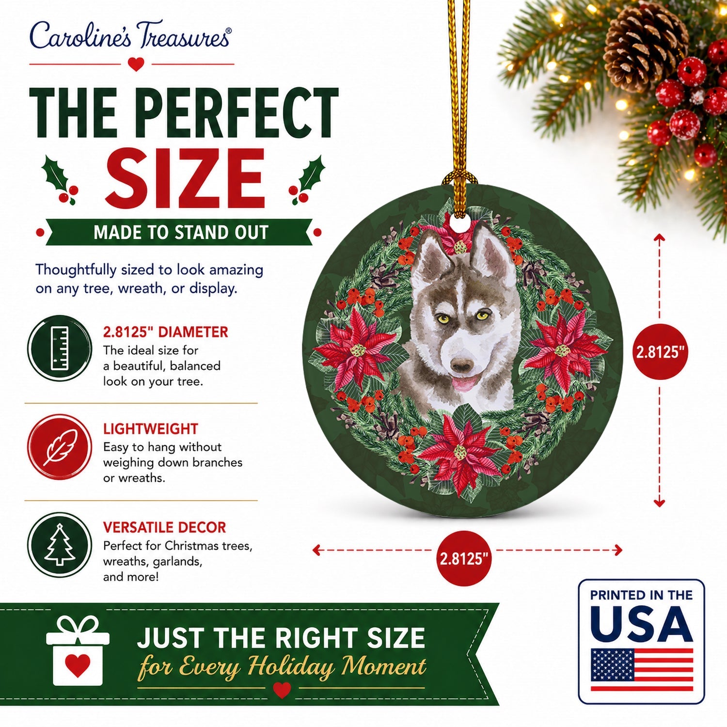 Siberian Husky Grey Poinsetta Wreath Ceramic Ornament Christmas Tree Hanging Decorations for Home Christmas Holiday, Party, Gift, 3 in, Multicolor