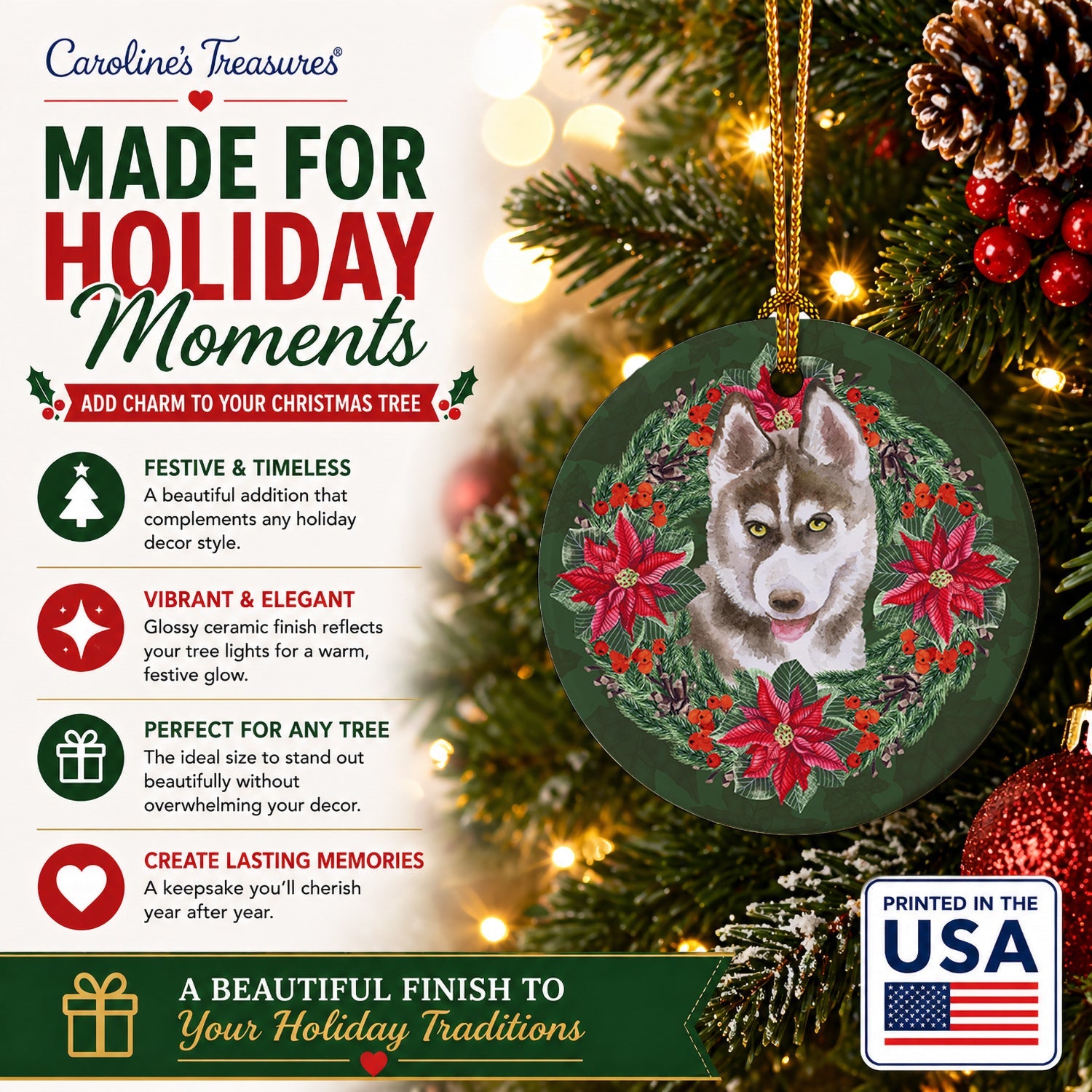 Siberian Husky Grey Poinsetta Wreath Ceramic Ornament Christmas Tree Hanging Decorations for Home Christmas Holiday, Party, Gift, 3 in, Multicolor