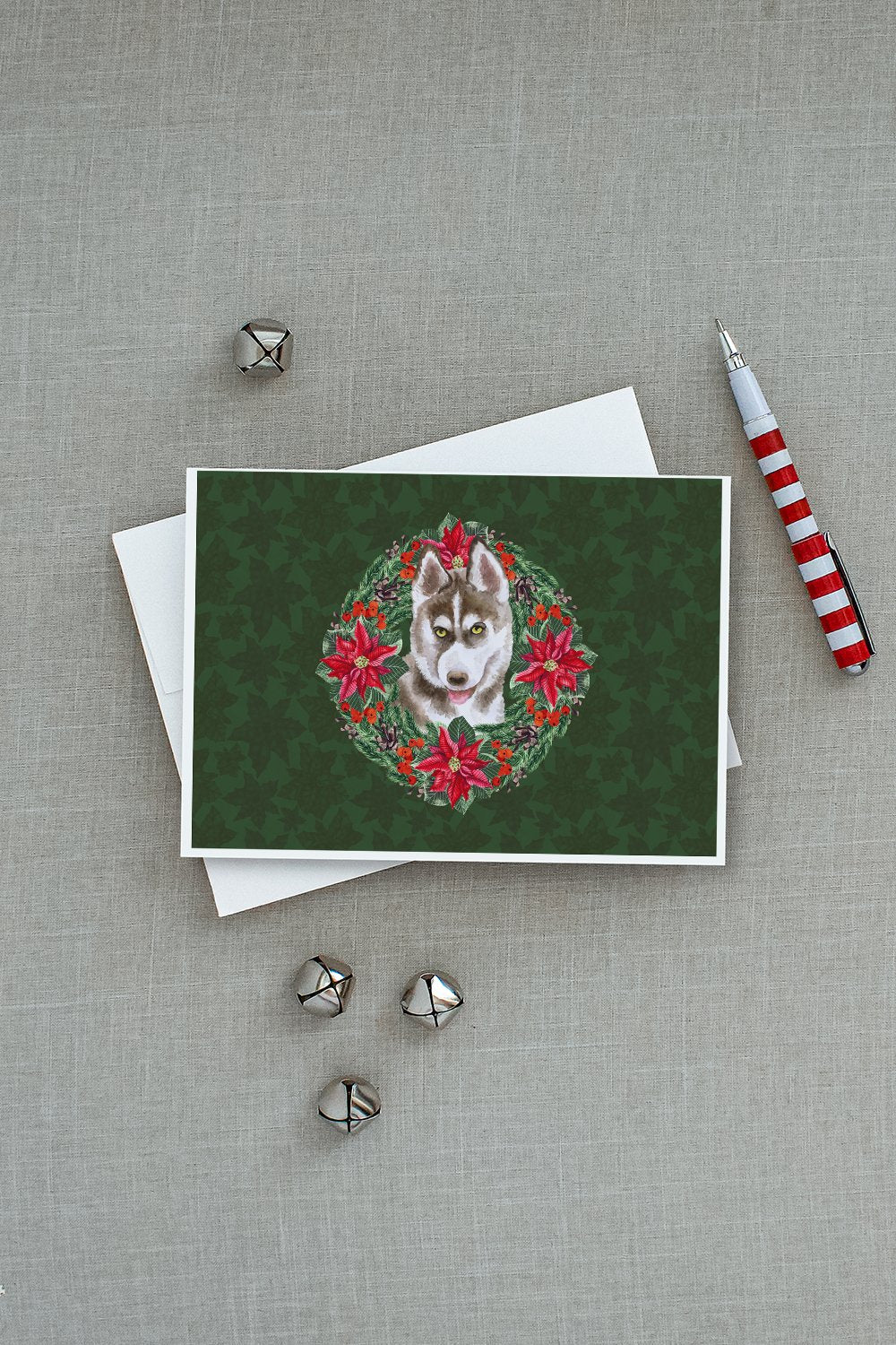 Siberian Husky Grey Poinsetta Wreath Greeting Cards Pack of 8 Blank Cards with Envelopes Whimsical A7 Size 5x7