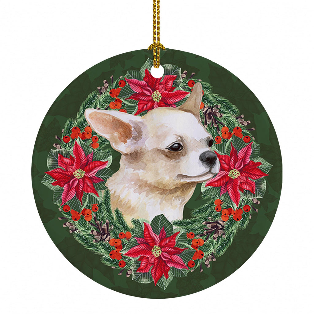 Chihuahua Leg up Poinsetta Wreath Ceramic Ornament Christmas Tree Hanging Decorations for Home Christmas Holiday, Party, Gift, 3 in, Multicolor