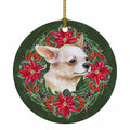 Chihuahua Leg up Poinsetta Wreath Ceramic Ornament Christmas Tree Hanging Decorations for Home Christmas Holiday, Party, Gift, 3 in, Multicolor