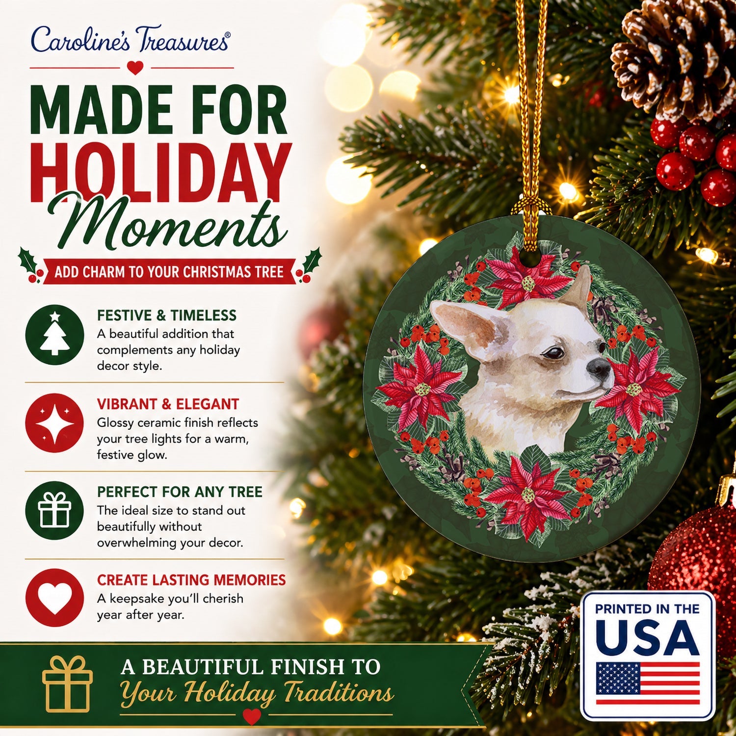 Chihuahua Leg up Poinsetta Wreath Ceramic Ornament Christmas Tree Hanging Decorations for Home Christmas Holiday, Party, Gift, 3 in, Multicolor