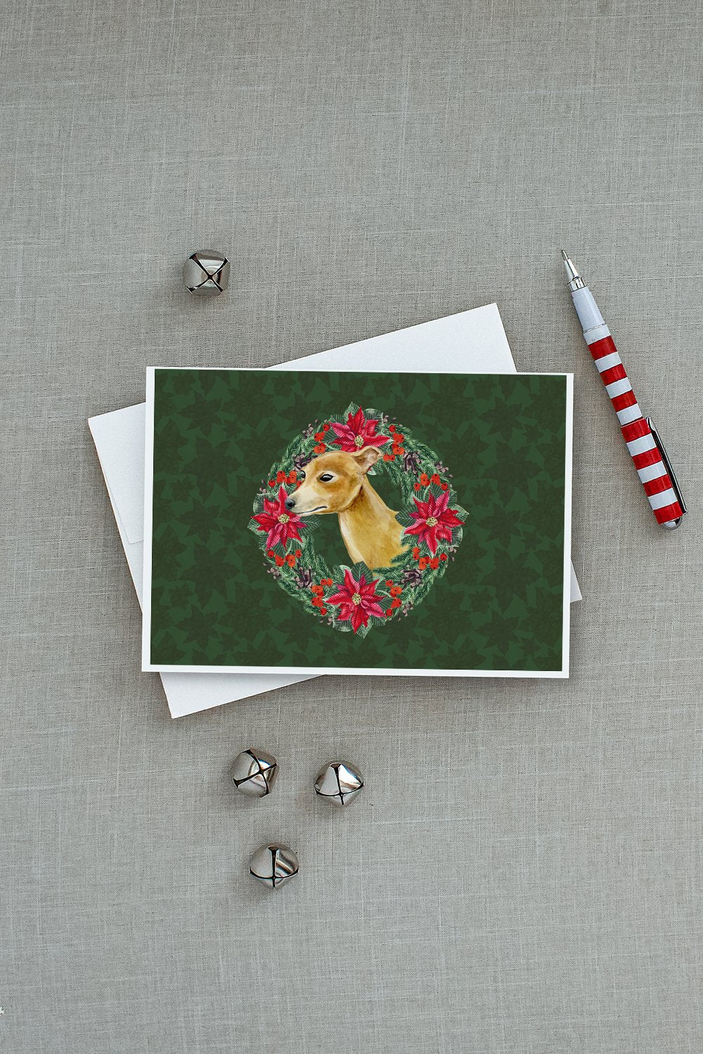 Italian Greyhound Poinsetta Wreath Greeting Cards Pack of 8 Blank Cards with Envelopes Whimsical A7 Size 5x7