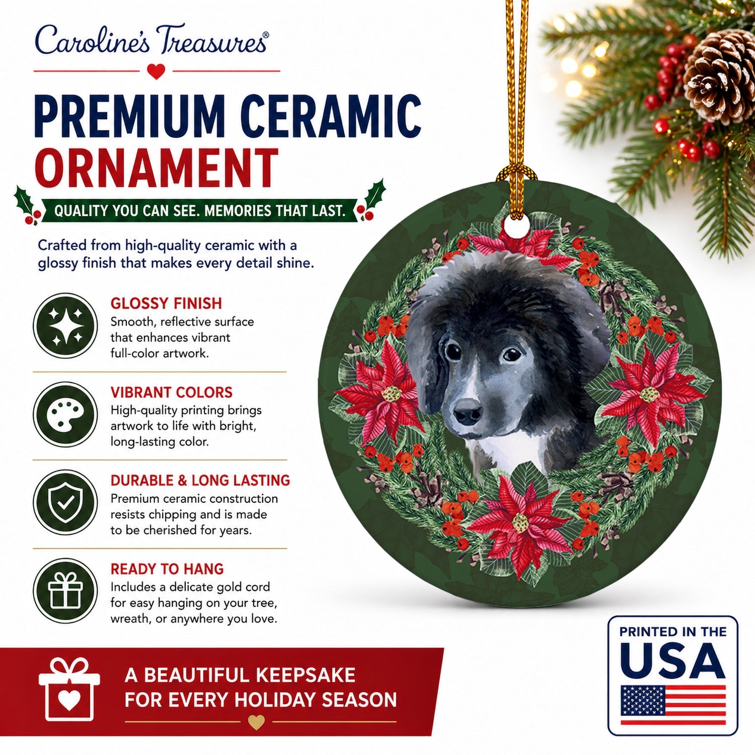 Newfoundland Puppy Poinsetta Wreath Ceramic Ornament Christmas Tree Hanging Decorations for Home Christmas Holiday, Party, Gift, 3 in, Multicolor