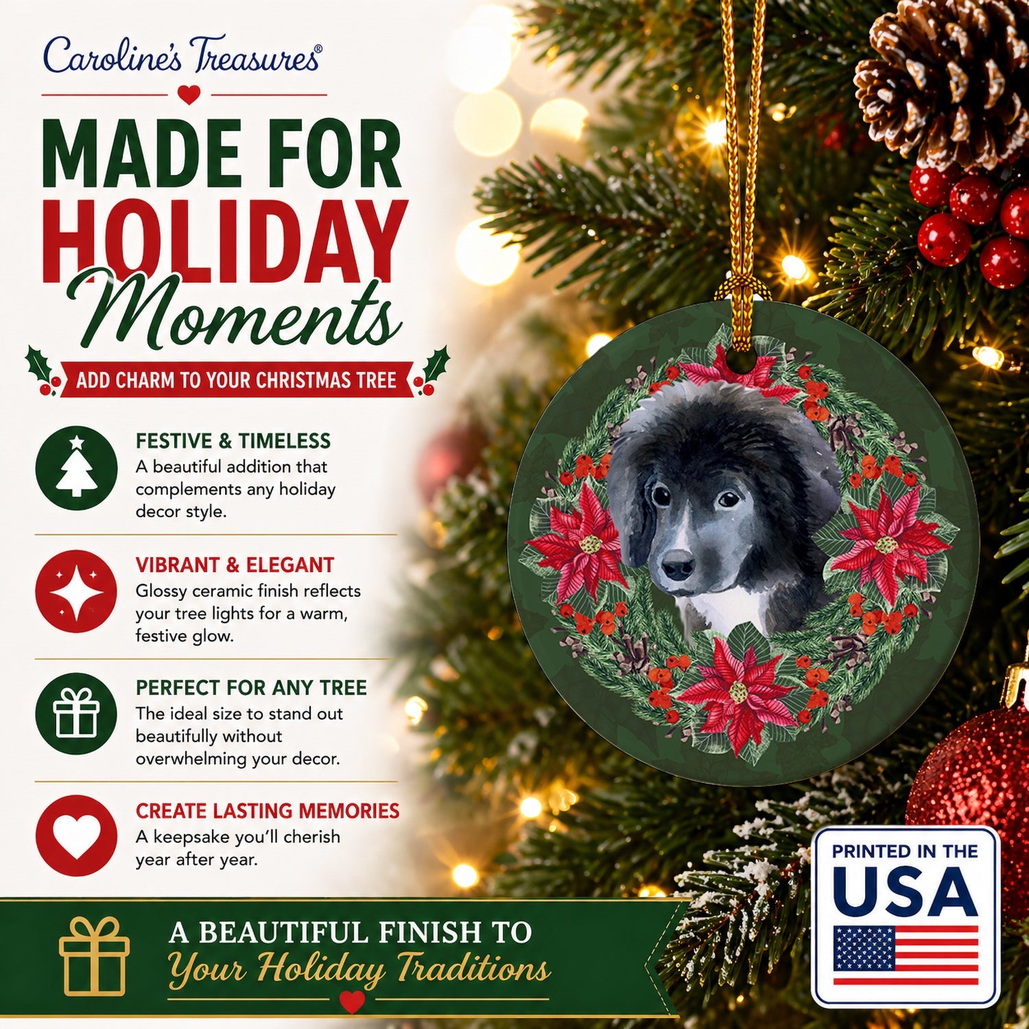 Newfoundland Puppy Poinsetta Wreath Ceramic Ornament Christmas Tree Hanging Decorations for Home Christmas Holiday, Party, Gift, 3 in, Multicolor
