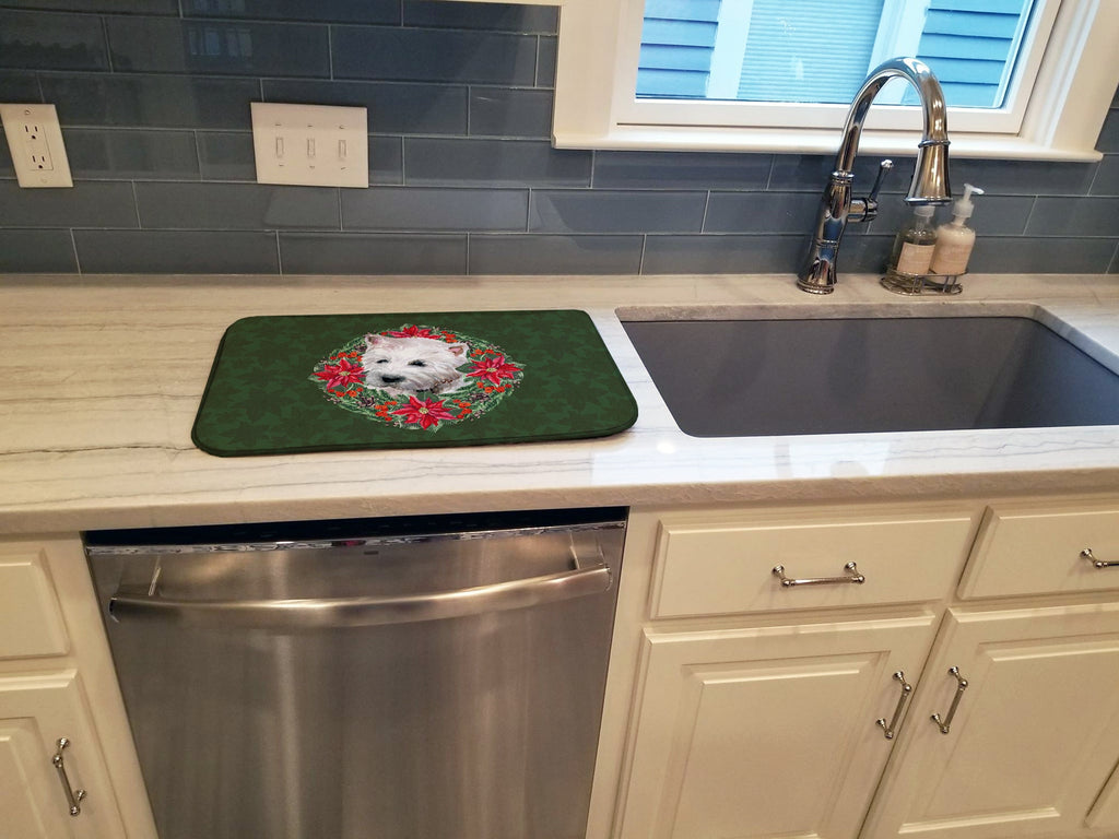 Westie Poinsetta Wreath Dish Drying Mat Absorbent Dish Drying Mat Pad for Kitchen Counter Dish Drainer Mat for Countertop, 14 x 21", Multicolor