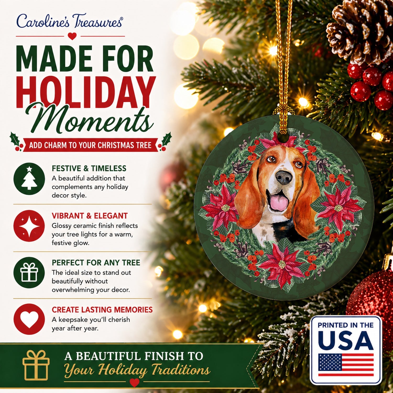 Basset Hound Poinsetta Wreath Ceramic Ornament Christmas Tree Hanging Decorations for Home Christmas Holiday, Party, Gift, 3 in, Multicolor