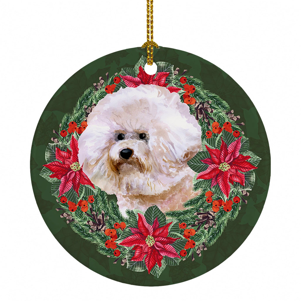 Bichon Frise #2 Poinsetta Wreath Ceramic Ornament Christmas Tree Hanging Decorations for Home Christmas Holiday, Party, Gift, 3 in, Multicolor