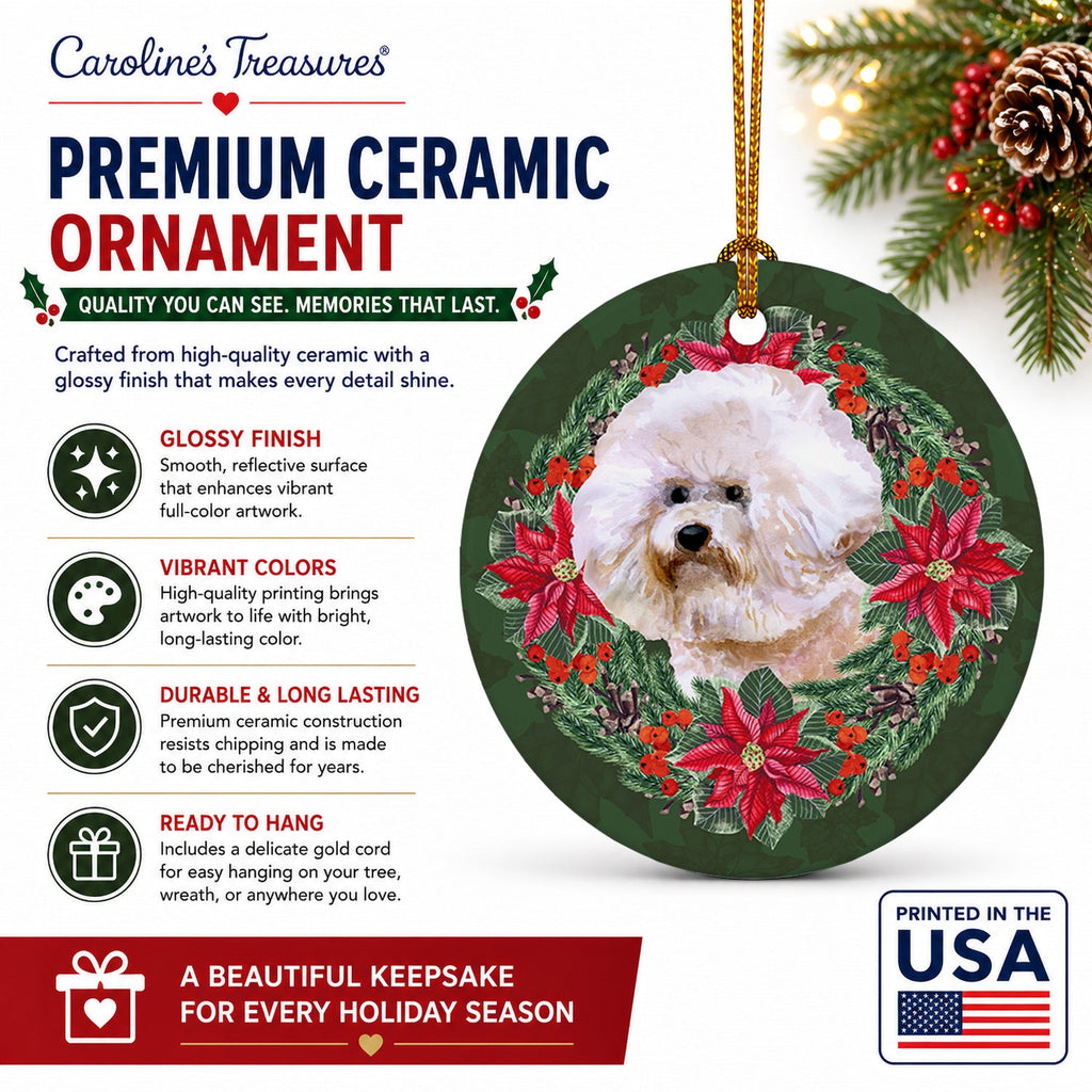 Bichon Frise #2 Poinsetta Wreath Ceramic Ornament Christmas Tree Hanging Decorations for Home Christmas Holiday, Party, Gift, 3 in, Multicolor