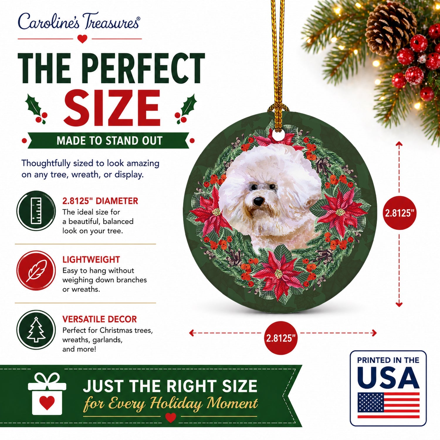 Bichon Frise #2 Poinsetta Wreath Ceramic Ornament Christmas Tree Hanging Decorations for Home Christmas Holiday, Party, Gift, 3 in, Multicolor