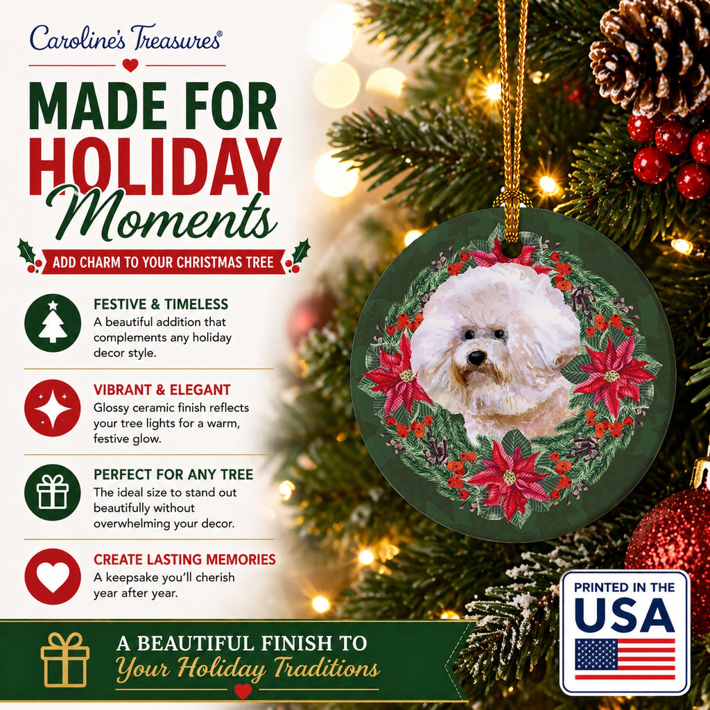 Bichon Frise #2 Poinsetta Wreath Ceramic Ornament Christmas Tree Hanging Decorations for Home Christmas Holiday, Party, Gift, 3 in, Multicolor