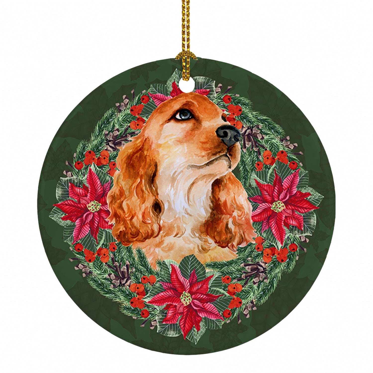 Cocker Spaniel Poinsetta Wreath Ceramic Ornament Christmas Tree Hanging Decorations for Home Christmas Holiday, Party, Gift, 3 in, Multicolor